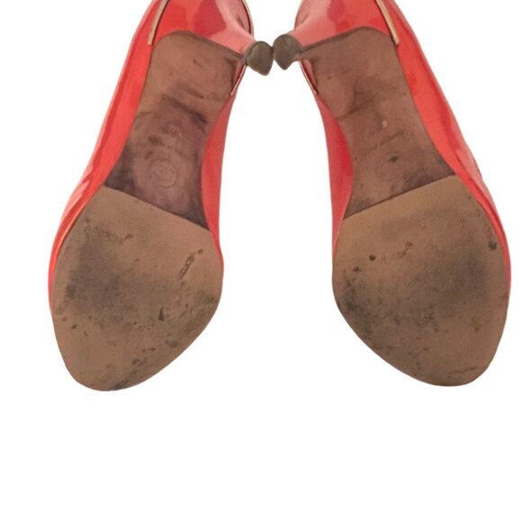 Chanel Coral Gold CC Logo Patent Leather Peep Toe High Heels Size 36.5 / US 6.5 - Picture 14 of 16